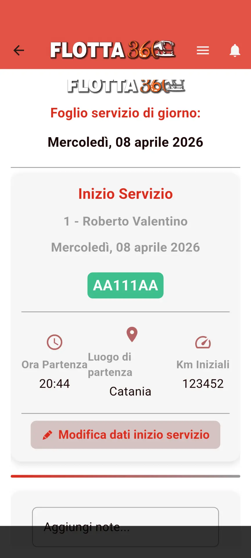 Flotta 360 — foglio di servizio